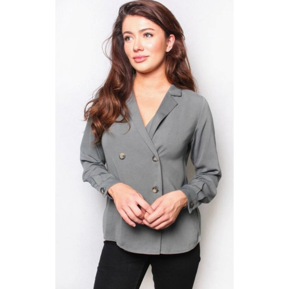 Womens Large Gray Double-Breasted Blazer-Style Blouse With Gold-Tone Buttons